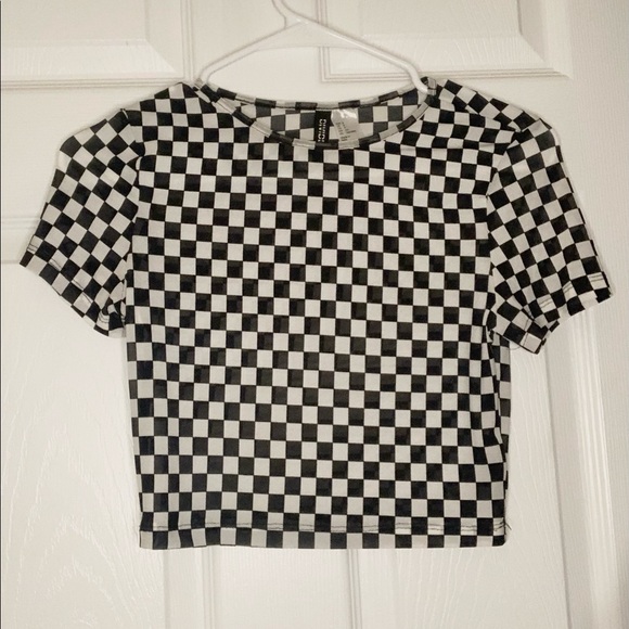 Black and white H&M Mesh Checkered Print Crop Top - Picture 5 of 5